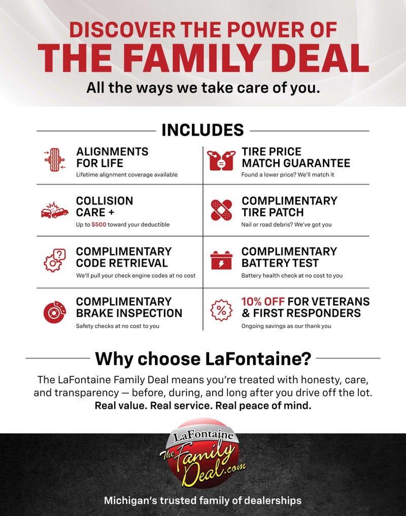 LaFontaine Family Deal benefits: Alignments for life, tire price match, collision care, code retrieval, and brake inspection.